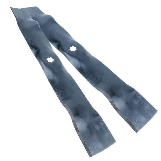 Set of two black replacement mower blades with center mounting hole for lawn equipment maintenance and home improvement tasks