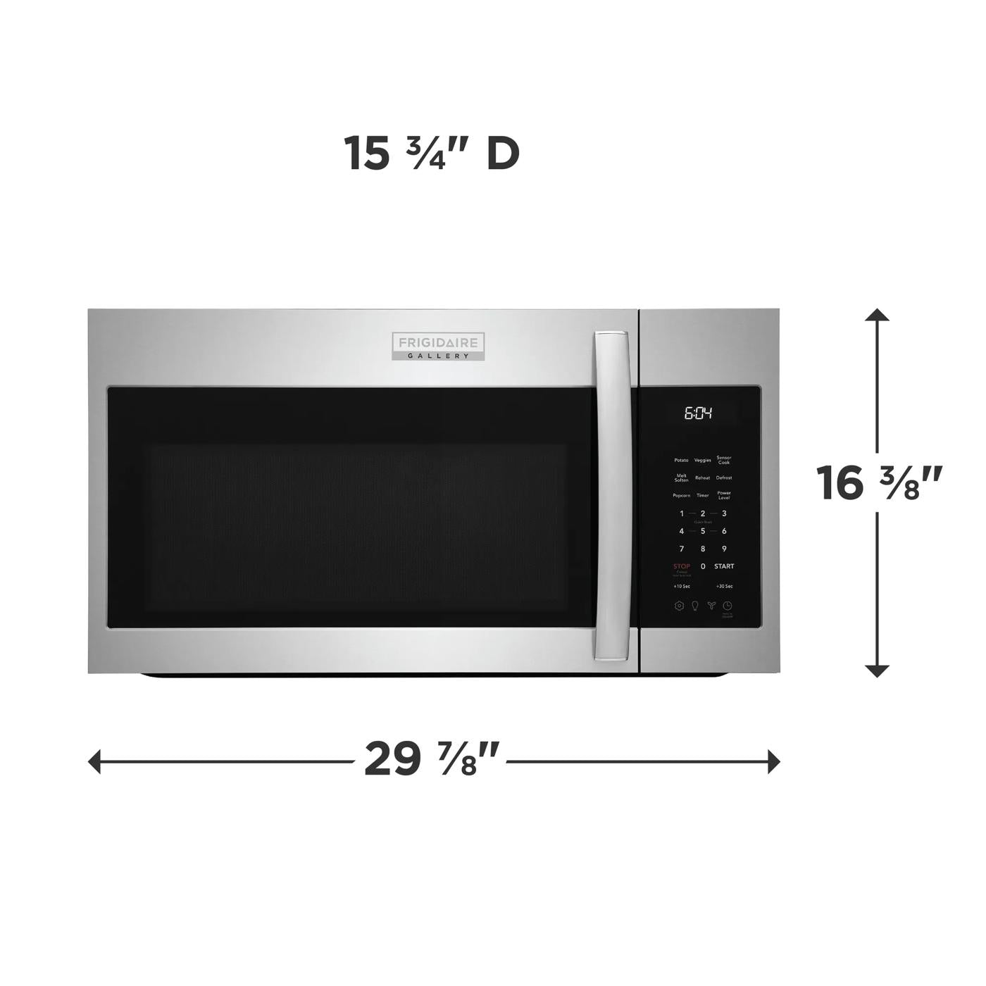 Stainless steel over-the-range microwave with digital display and touchpad control panel in kitchen appliance setting