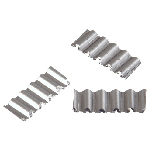 Set of corrugated steel joint fasteners with sharp edges for securing mitred wood joints in home improvement projects