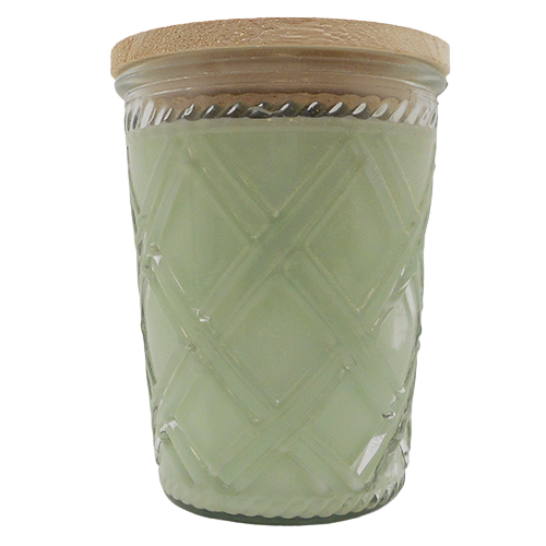 Green soy wax candle in decorative glass jar with textured diamond pattern and natural wood lid for home decor collections