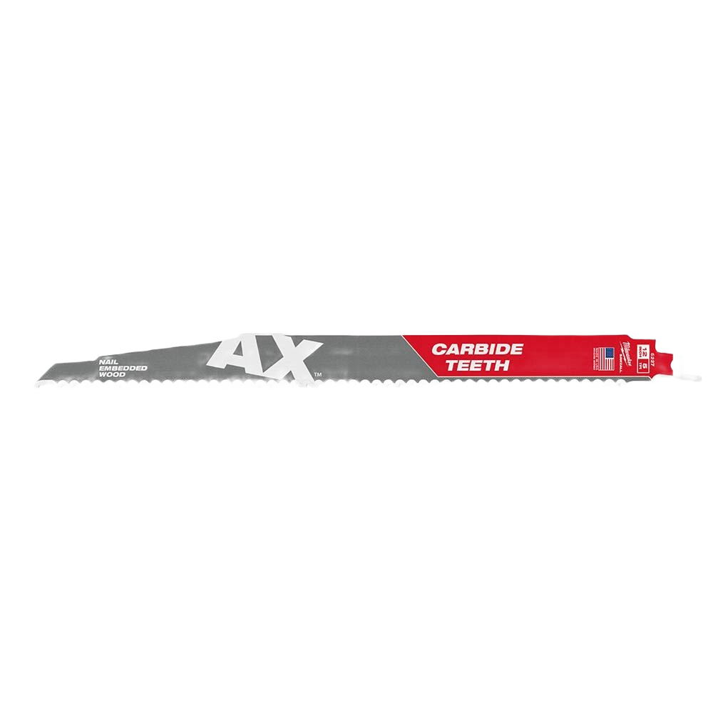 12-inch reciprocating saw blade with carbide teeth for cutting nail-embedded wood in woodworking tool accessories