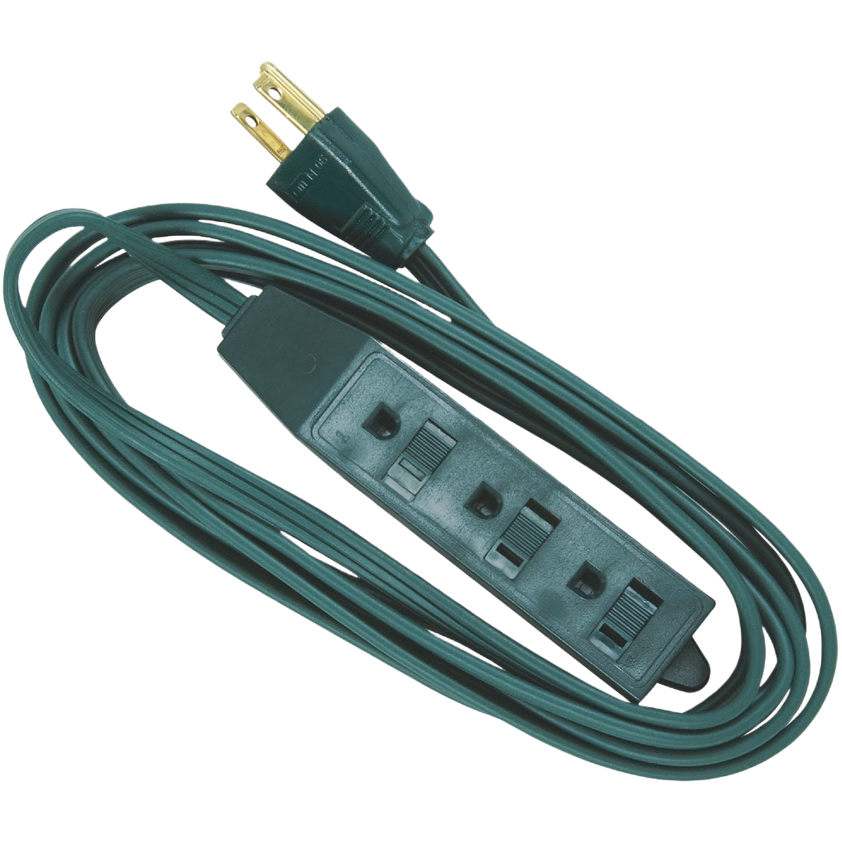 Green interior extension cord with built-in powerblock and three outlets for indoor home improvement use