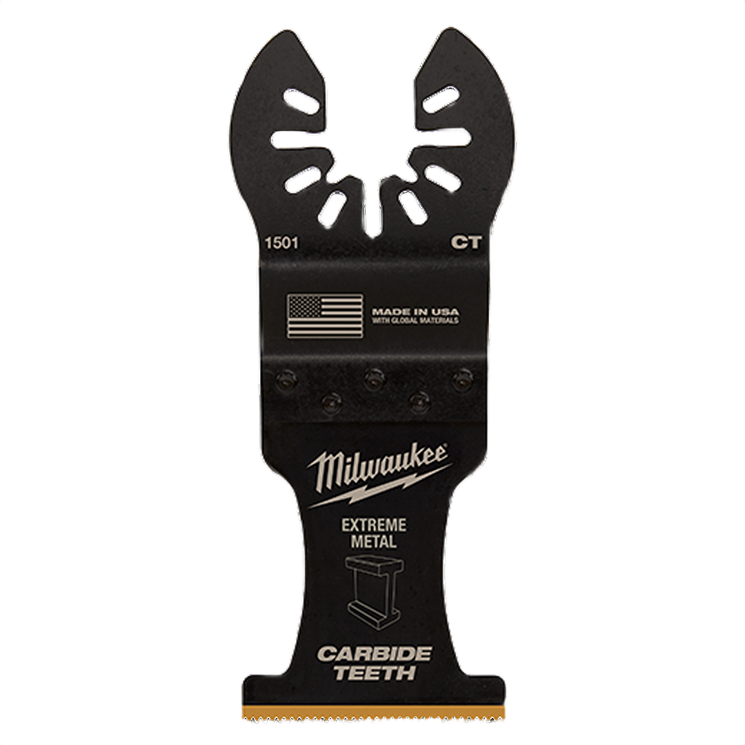 Black metal multitool blade with carbide teeth, designed for cutting metal and wood in power tool accessories collections