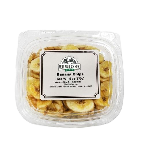 Clear plastic container filled with dried banana chips from the food and beverage collection under $25