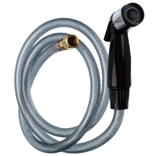 Black kitchen sink spray head with flexible braided hose and brass connector for plumbing repair and faucet parts collections