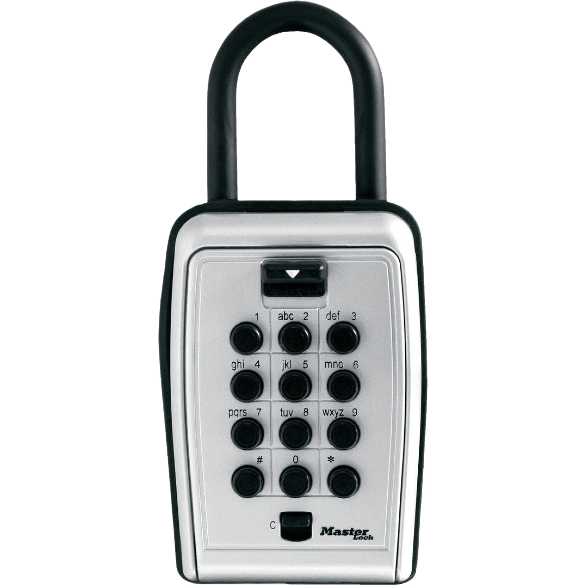 Durable push button key safe lock with black shackle and silver body for secure storage and home improvement use