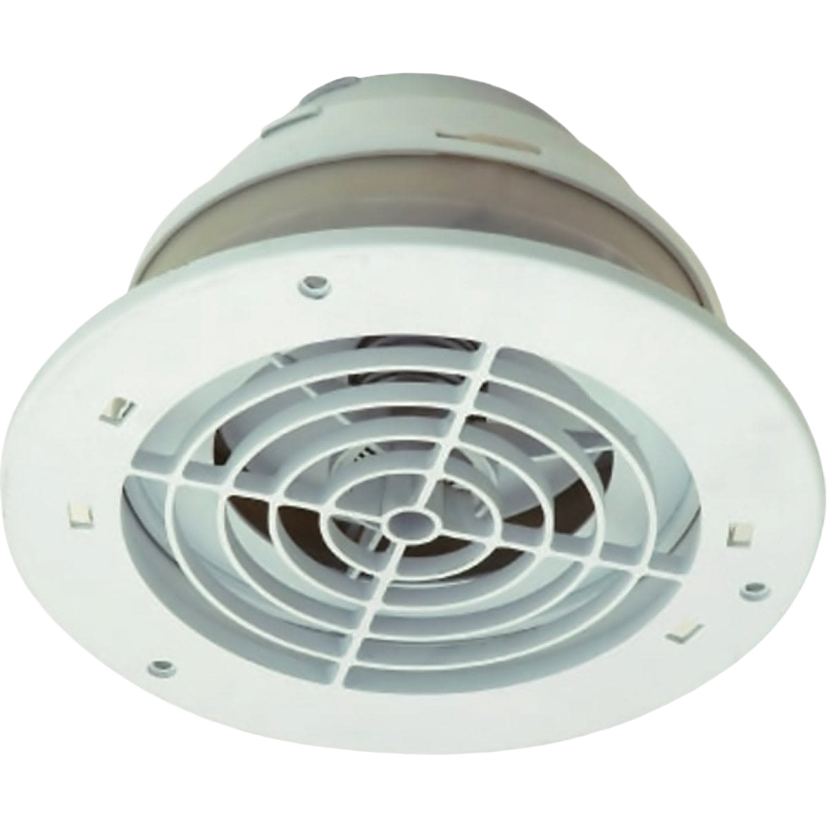 White plastic exhaust vent with circular grille designed for soffit ventilation in home improvement projects