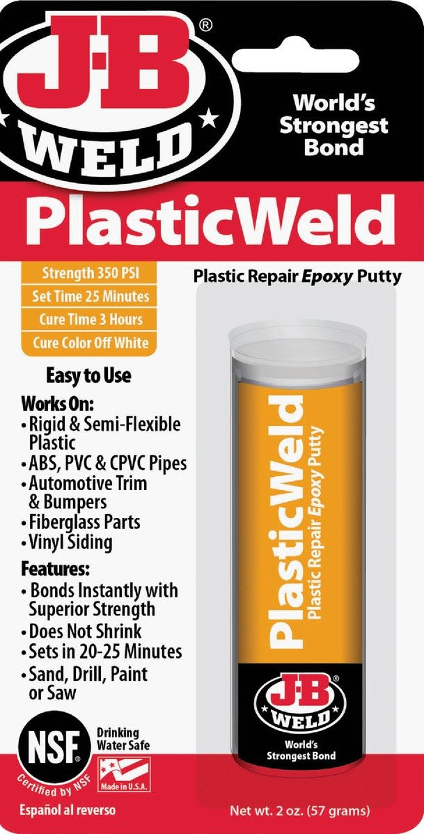 Plastic repair epoxy putty with quick set time, strong bond for rigid and semi-flexible plastics in epoxy and sealers collections