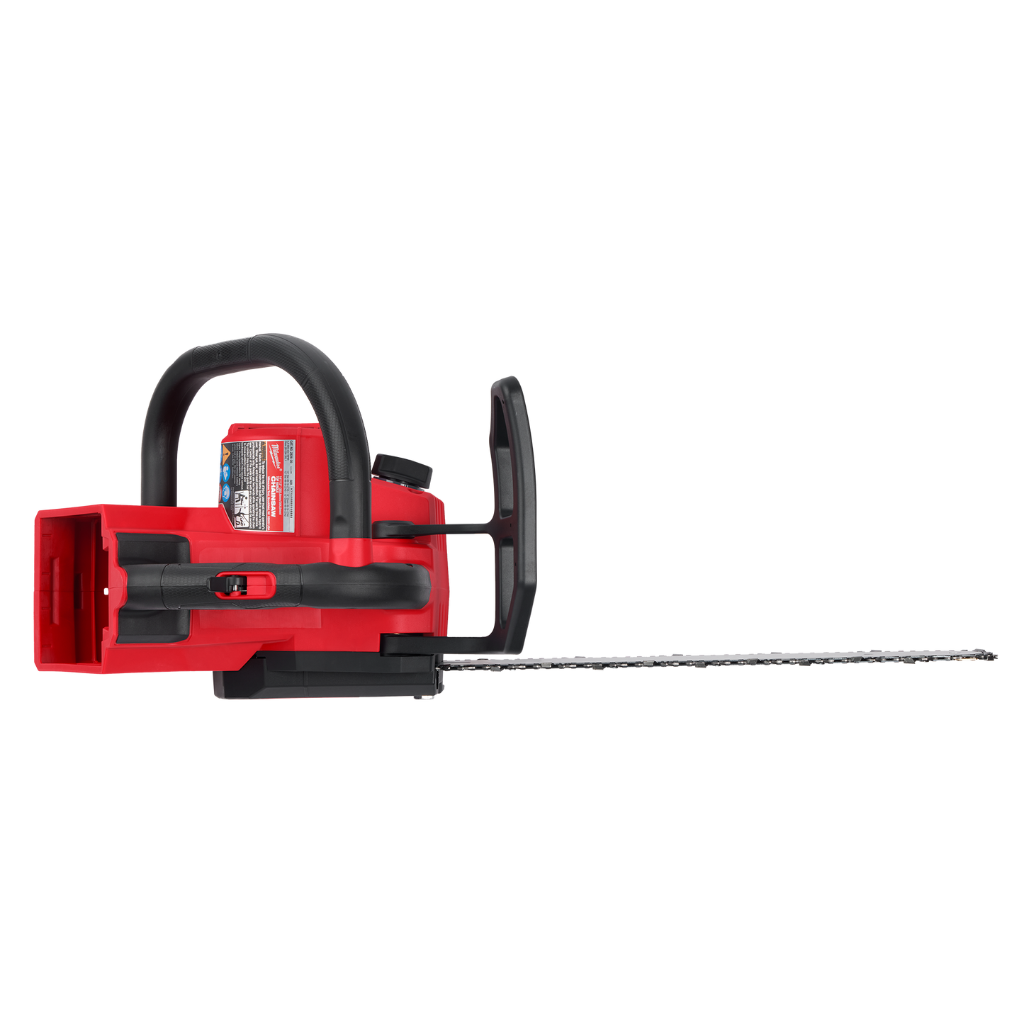 Red Milwaukee cordless 14-inch top handle chainsaw designed for efficient cutting in home improvement projects