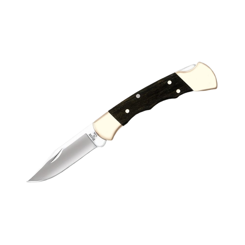 Folding knife with satin-finished stainless clip blade and dark wood handle, part of woodworking hand tools collection.