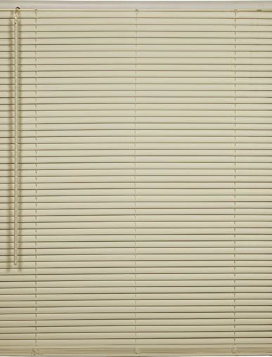Ivory cordless vinyl mini blind with horizontal slats and wand for light control in home improvement settings