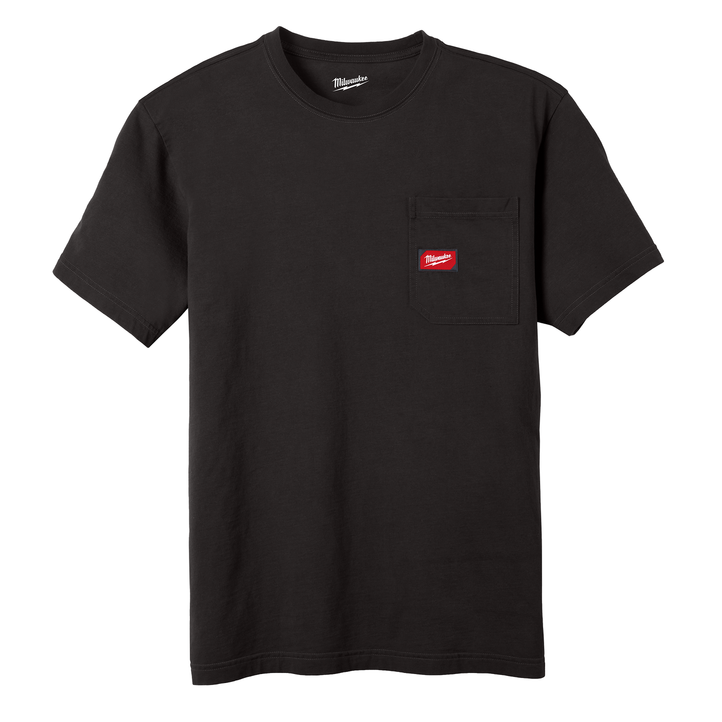 Black short sleeve pocket tee with red logo patch in Milwaukee Apparel and Clothing collections under $50