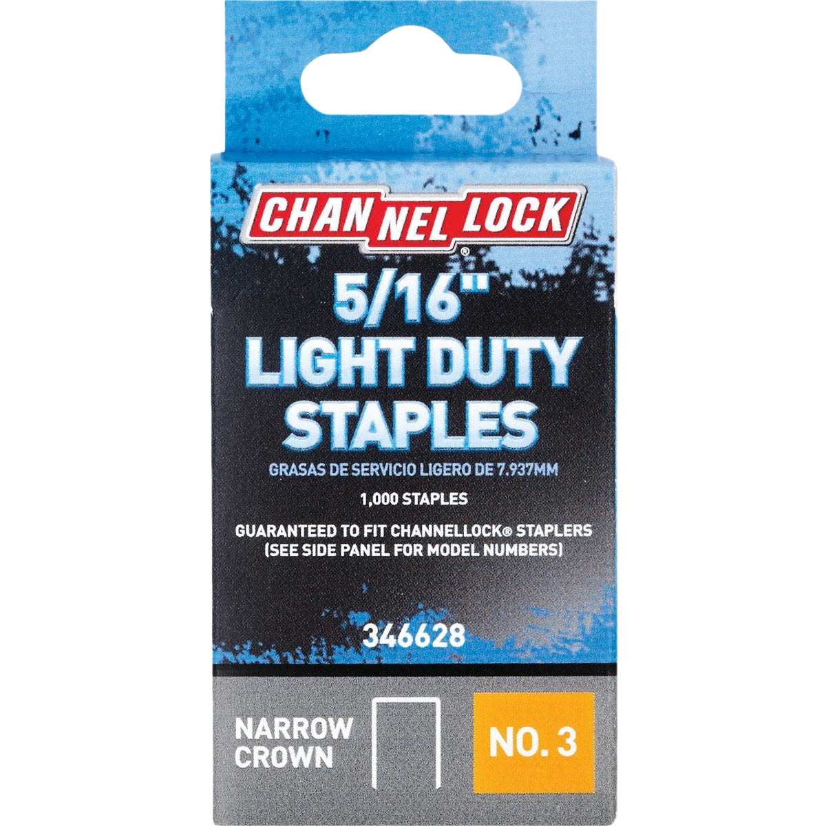 Packaging of 5/16 inch light duty narrow crown staples with 1,000 count for home improvement tools and staplers
