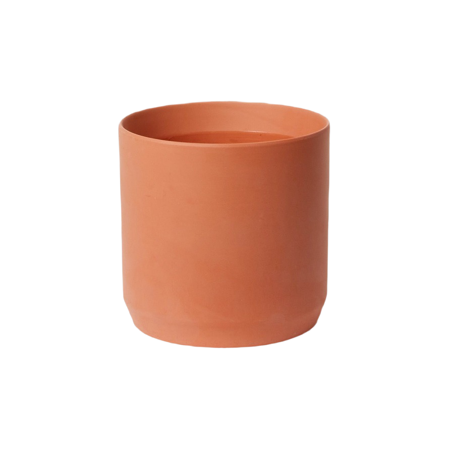 Smooth terracotta plant pot with a modern cylindrical shape for indoor gardening and home decor use
