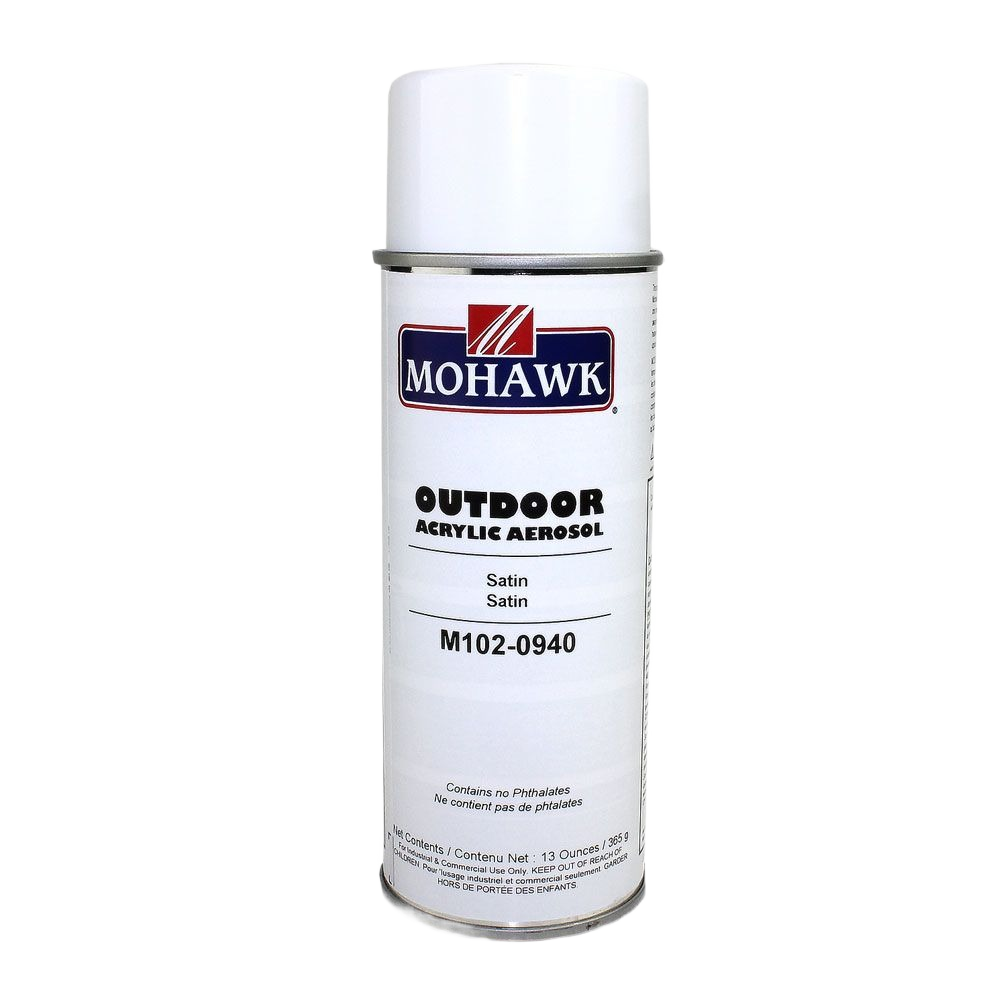 White aerosol spray can of Mohawk outdoor satin acrylic for home improvement in Exterior Paint under $50 collection
