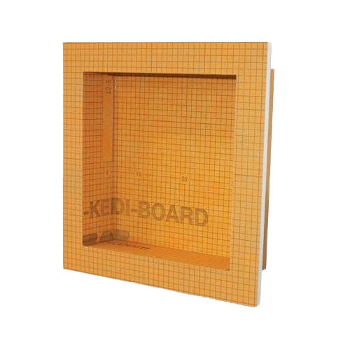 Orange waterproof building panel with pre-cut niche designed for shower installation and home improvement projects