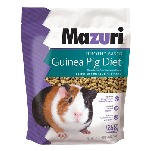 Bag of Mazuri Timothy-Based Guinea Pig Diet with pellet food and guinea pig image on the front