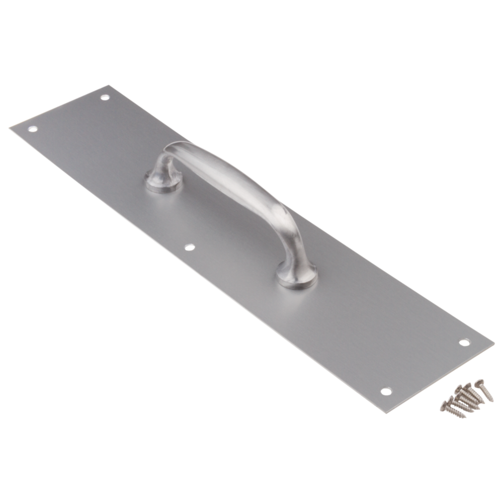 Satin aluminum pull plate with curved handle and mounting screws for door accessories in home improvement tools