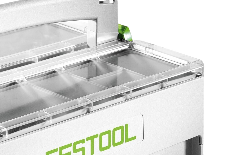 Compact lightweight storage box with clear divided lid for organizing small parts in workshop and tool storage settings