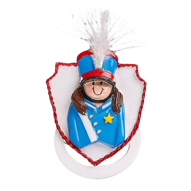 Personalized girl in blue marching band uniform ornament with white plume for Christmas tree decorations under $50