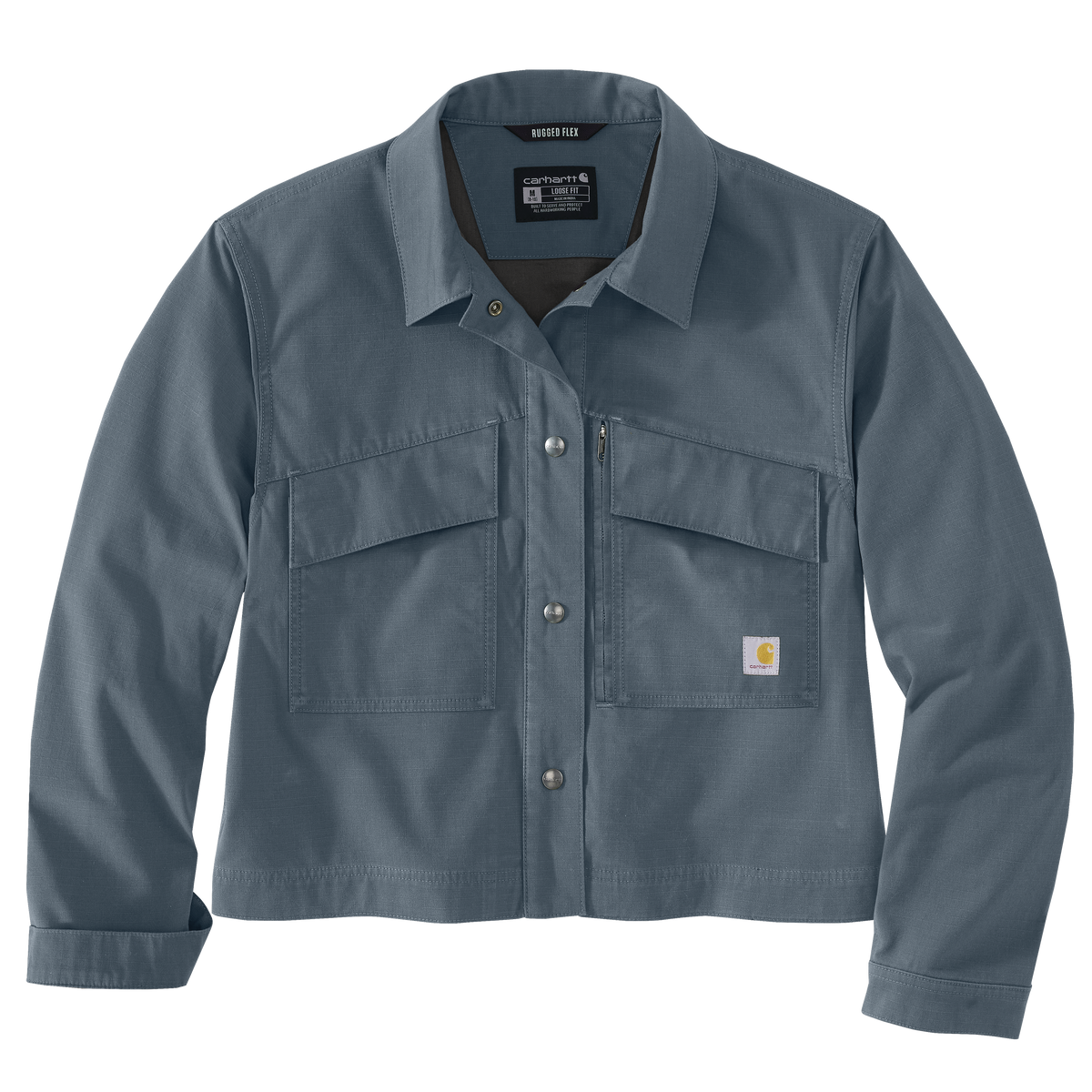 Women's blue-gray stretch cotton-blend ripstop utility jacket with snap-button front, flap and zippered pockets, and relaxed fit from Carhartt's collection.