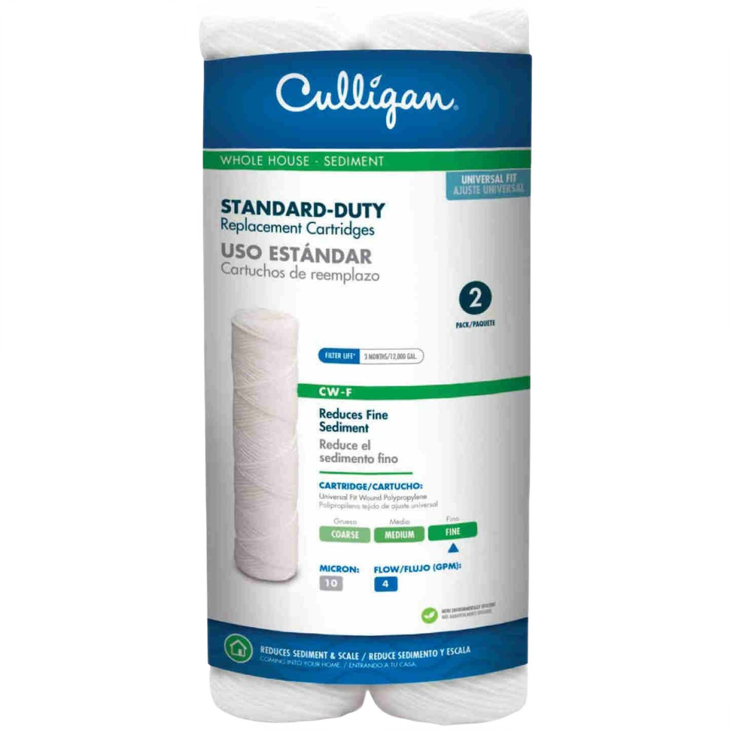Two white standard-duty sediment filter cartridges designed to reduce fine sediment in whole house water systems
