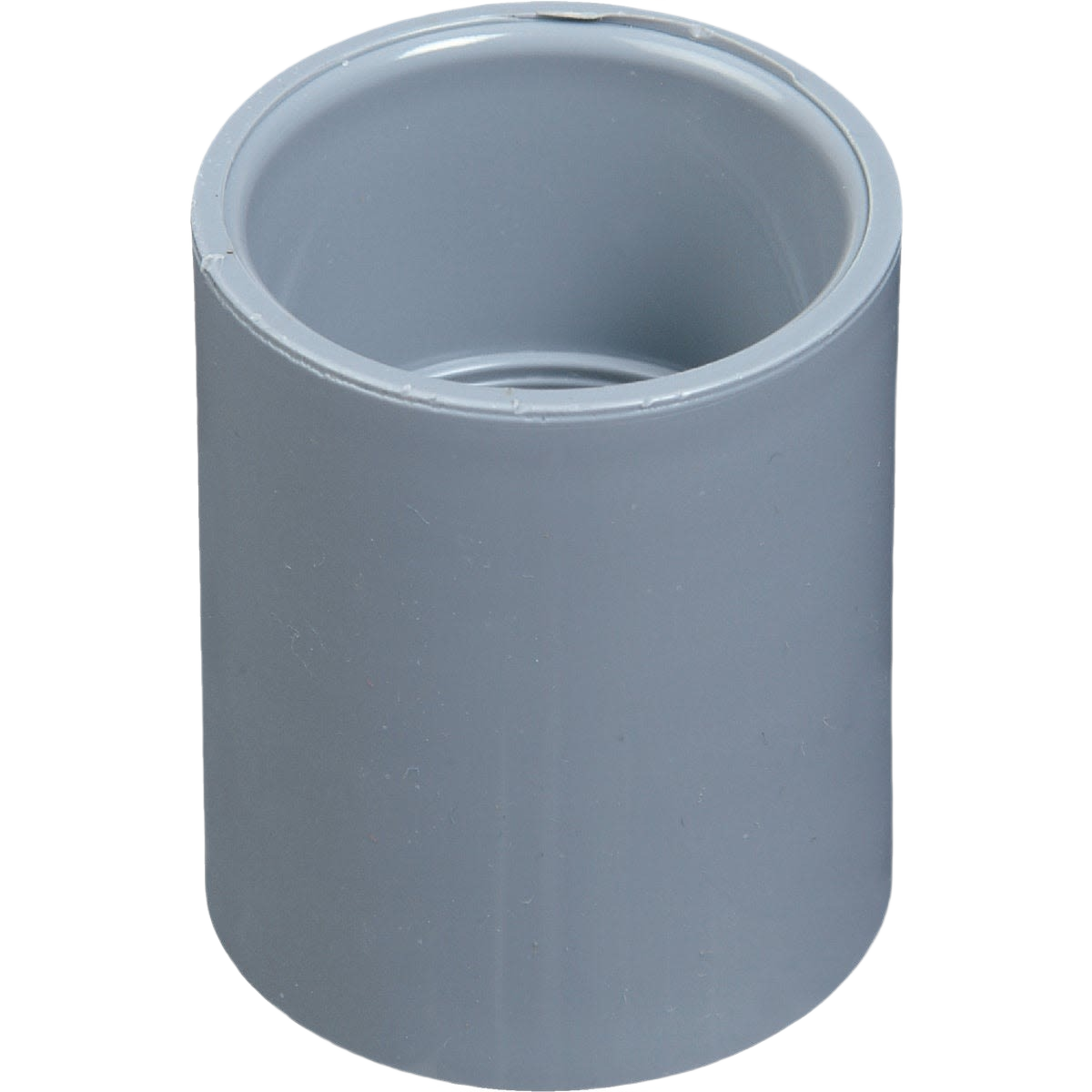 Gray PVC conduit coupling with socket connection for joining electrical conduit pipes in home improvement projects