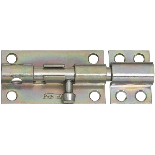 Zinc-plated heavy-duty barrel bolt with mounting holes for securing doors, gates, and storage in door accessories collection