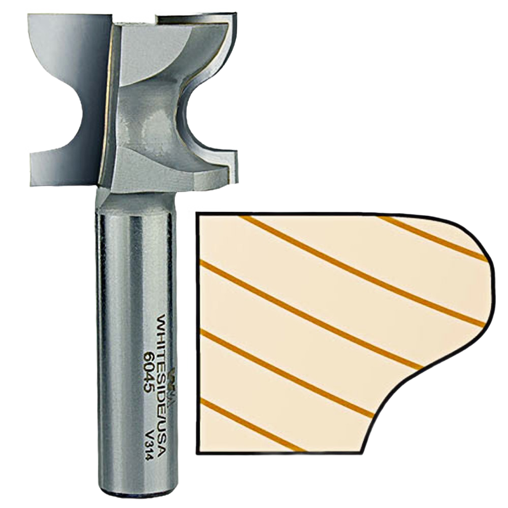 Router bit with 1/2-inch shank for cutting window sill edges and finger pull grooves in woodworking tools collections