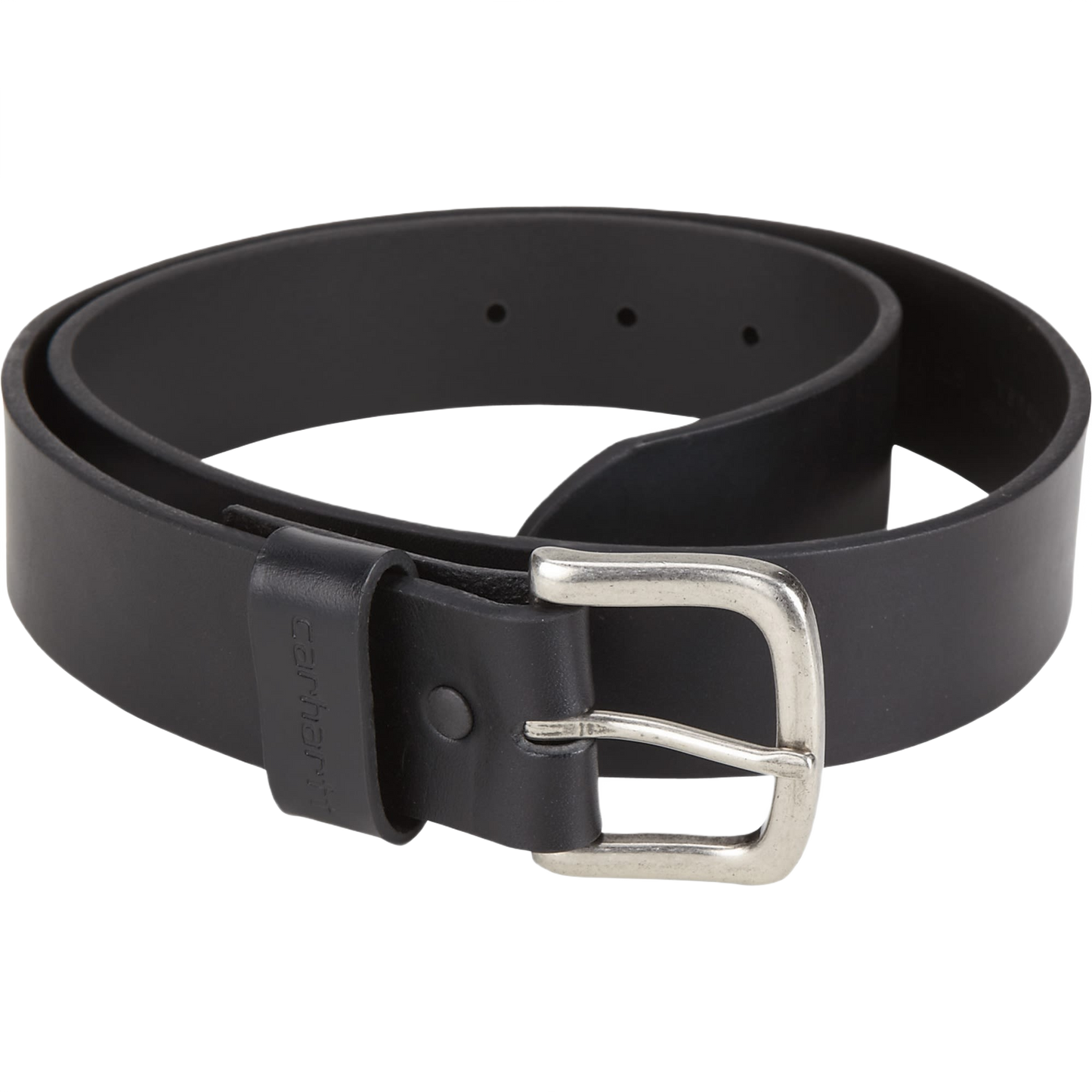Black full grain leather belt with silver buckle and snap fasteners for easy buckle changes in accessories collection
