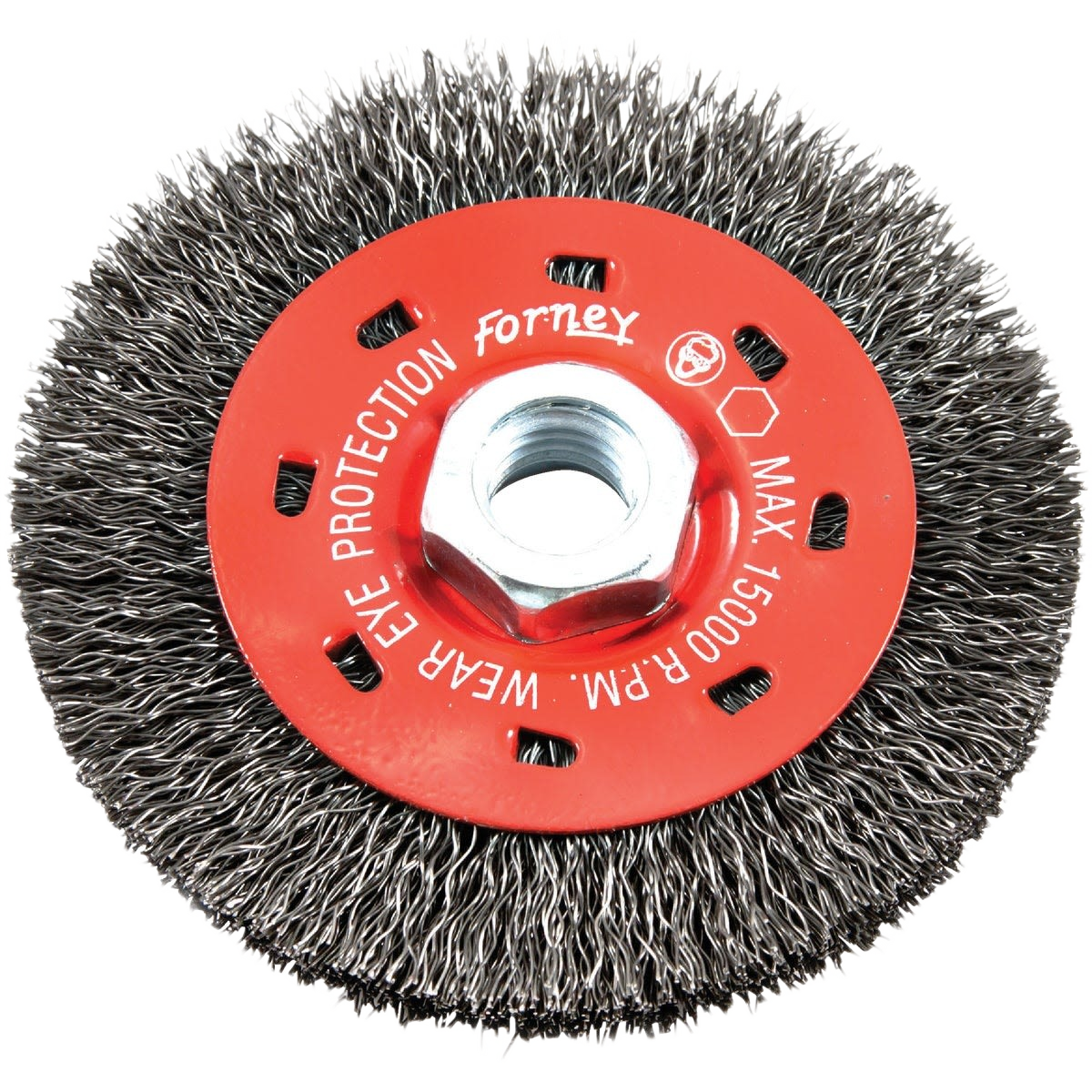 Crimped wire wheel brush with red center and steel bristles for power tool accessories and home improvement use