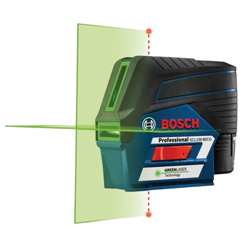 Compact Bosch green-beam cross-line laser tool projecting horizontal and vertical lines for precision in home improvement tasks