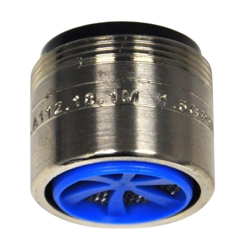 Brushed nickel faucet aerator with blue internal flow restrictor for water-saving home improvement projects