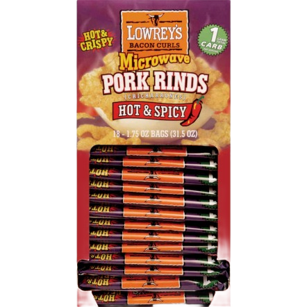 Packaging of Lowrey's Bacon Curls hot and spicy microwave pork rinds snack in a Chips & Snacks food collection