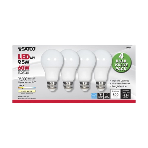 Set of four frosted A19 LED bulbs with medium bases, designed for energy-efficient home lighting and vibration resistance.