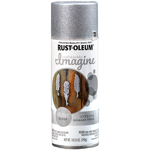 Can of silver glitter spray paint for crafts with intense shimmer from Rust Oleum specialty paint collection