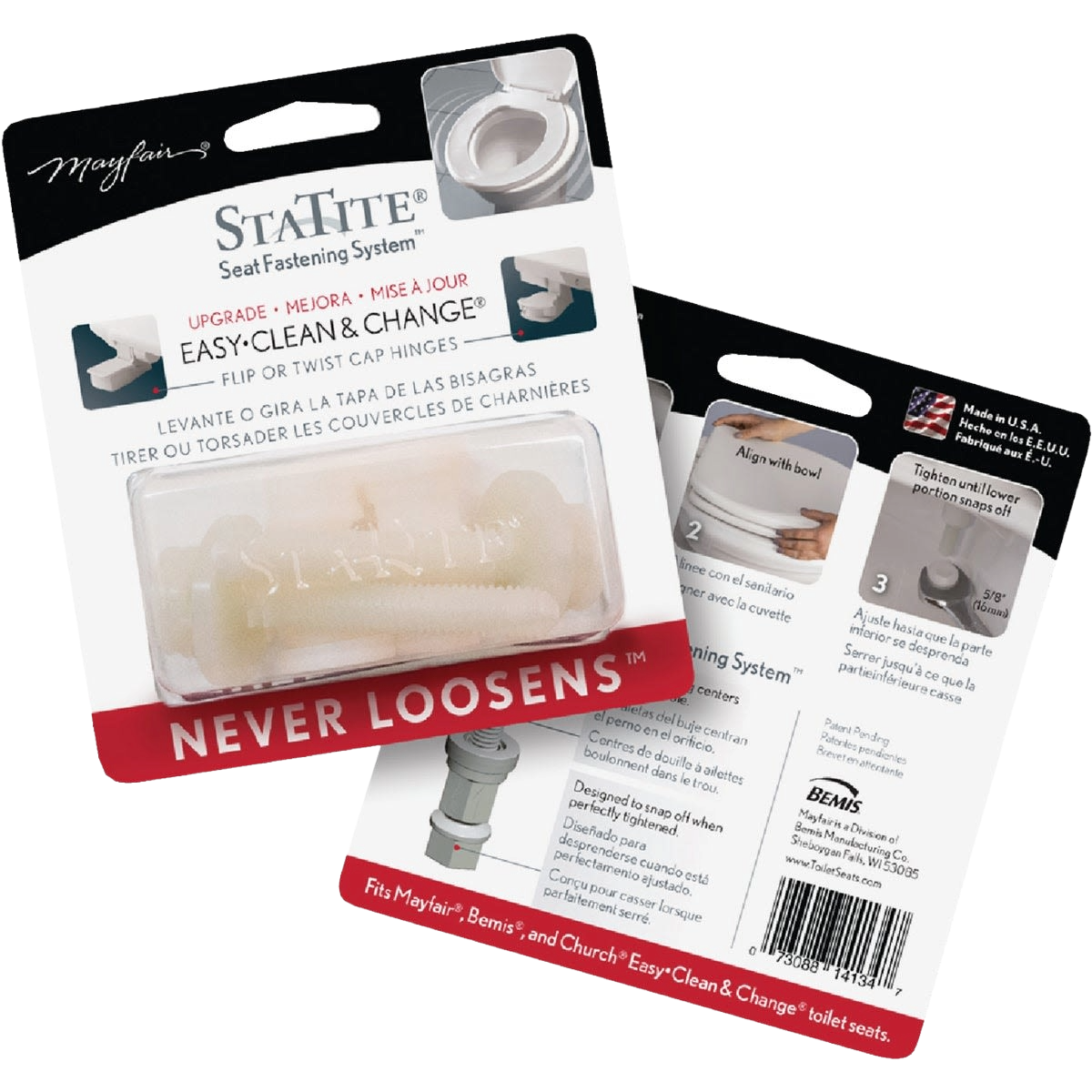 Bathroom bolt kit in plastic packaging with instructional text for secure toilet seat fastening system