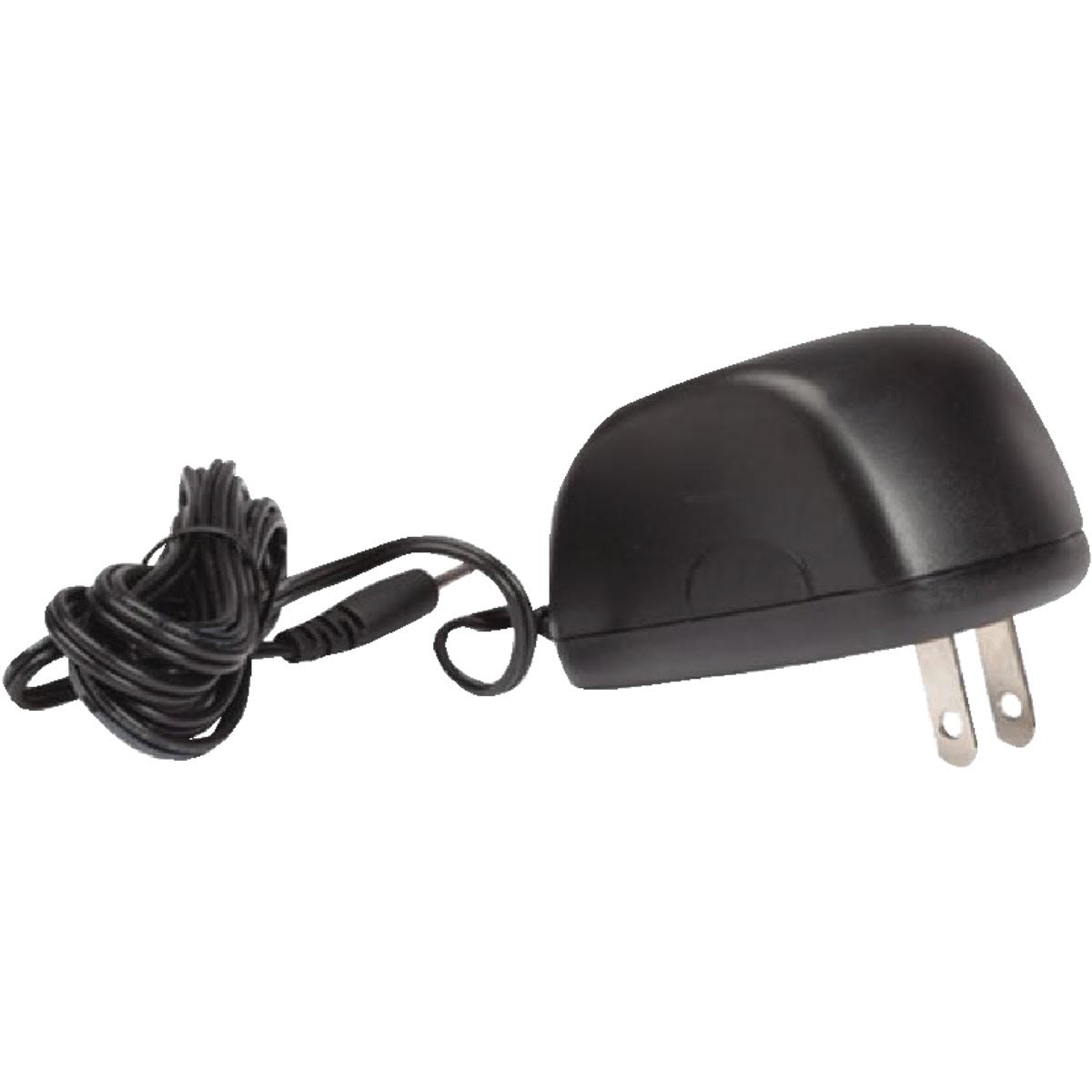 Black compact power adapter with two-prong plug and coiled cord for home improvement tools use