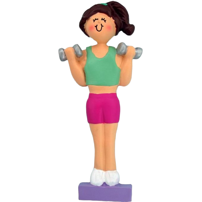 Brunette female figurine lifting dumbbells wearing green top and pink shorts for Christmas Ornaments & Tree Decorations collection