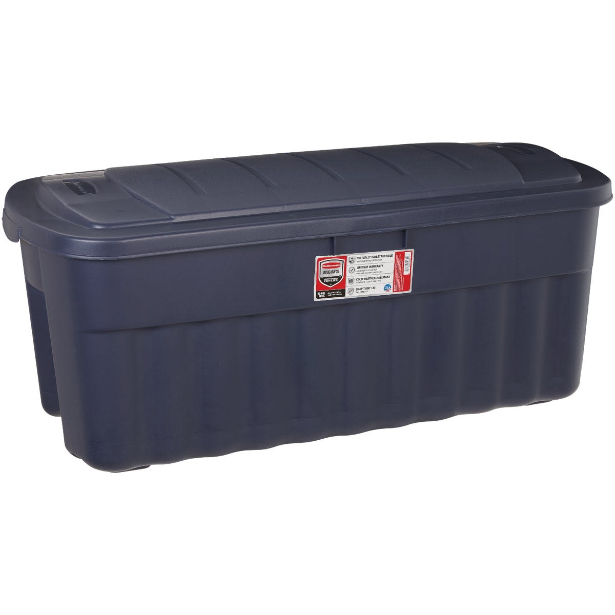 Large navy blue storage tote with secure lid and integrated handles, ideal for organization and dorm storage solutions.