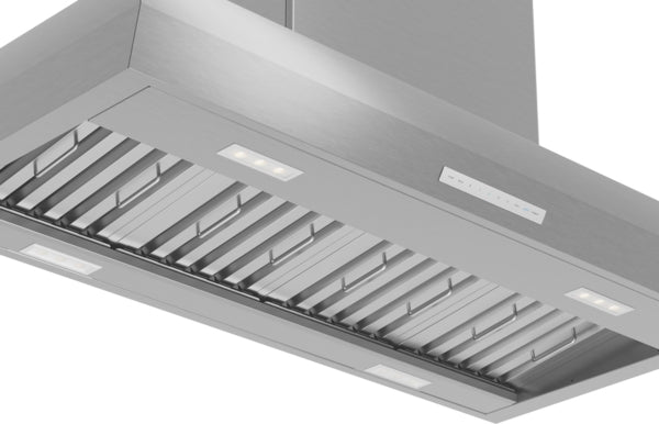 Stainless steel island hood with integrated lighting and modern design for kitchen and home improvement appliances