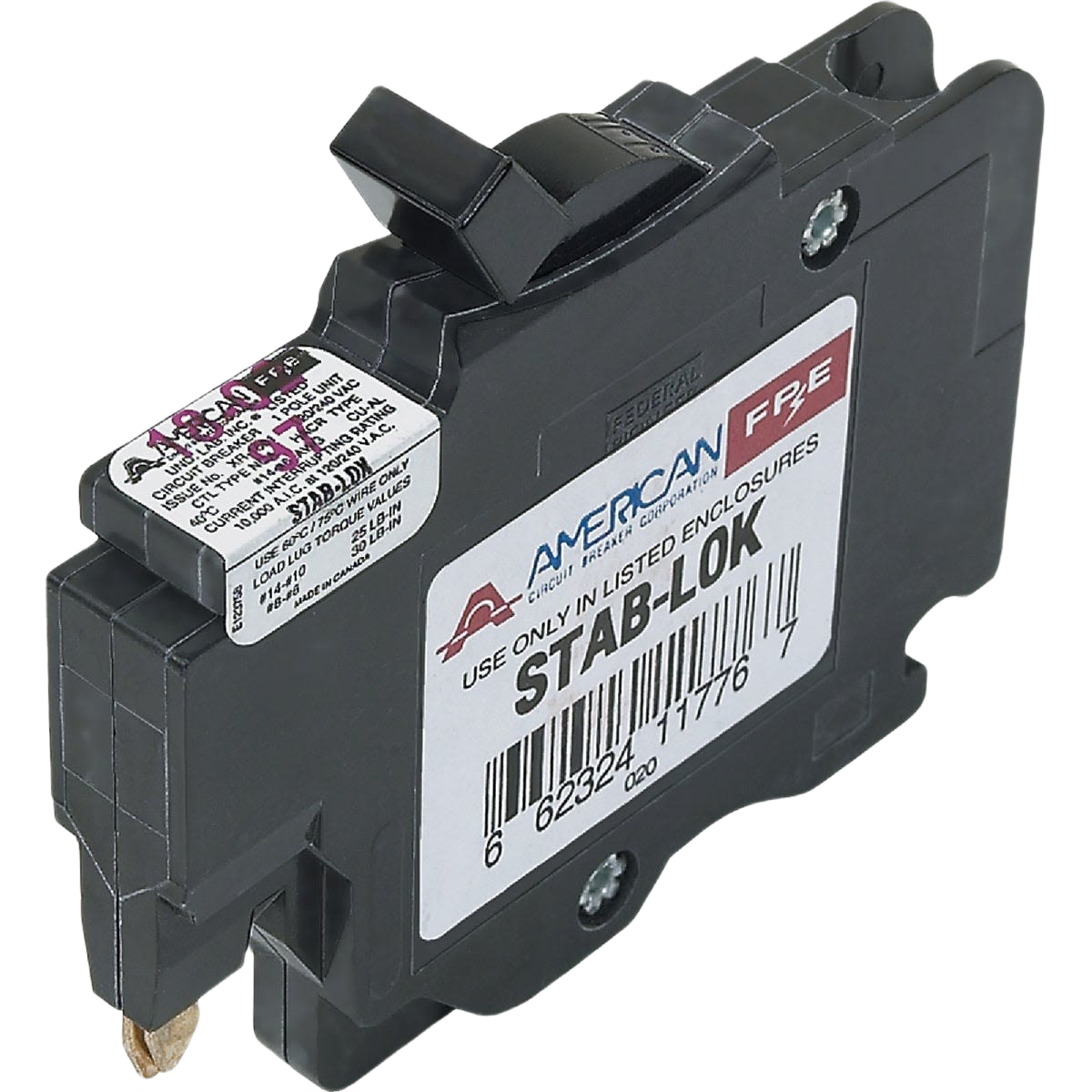 Black replacement single-pole circuit breaker with label and mounting screws for home improvement use