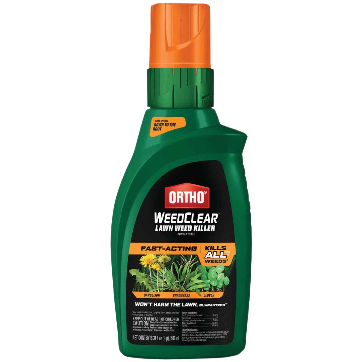 Green and orange bottle of fast-acting lawn weed killer concentrate for lawn care and garden maintenance