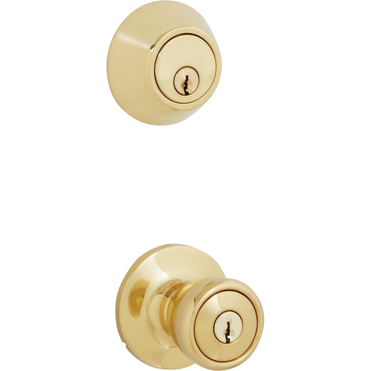 Polished brass single cylinder deadbolt and matching entry lockset knobs for home improvement security use