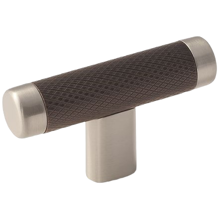 Modern cabinet bar pull knob with satin nickel ends and textured oil rubbed bronze grip for furniture hardware collection