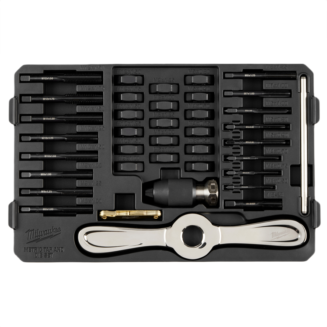 Black plastic tool case containing metric tap and die set with Hex-LOK handle for threading in metalworking applications