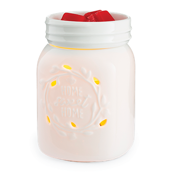 White ceramic mason jar warmer with "Home Sweet Home" design and glowing illumination for wax melts heating