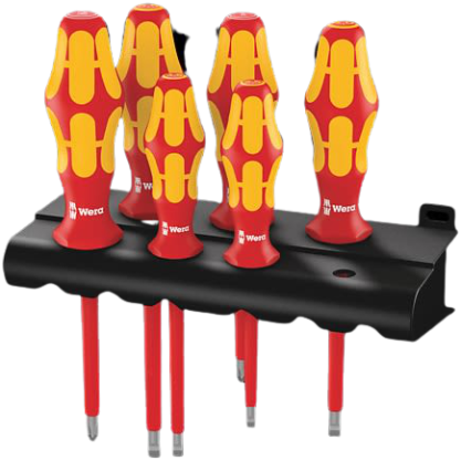 Set of seven ergonomic red and yellow handle screwdrivers with holder for tools and home improvement tasks
