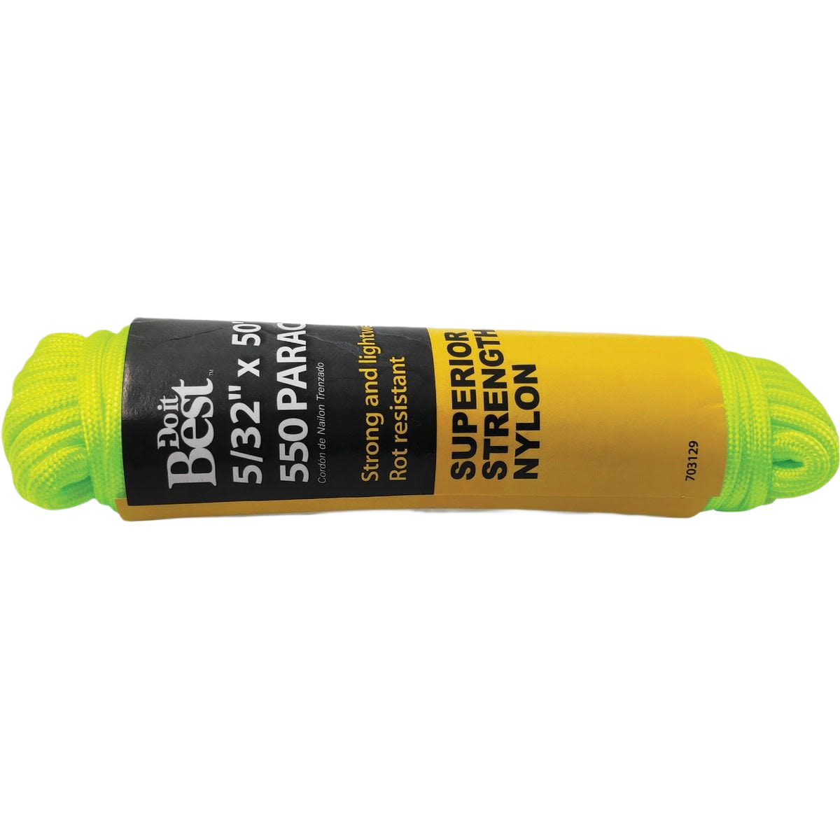 Bright green nylon paracord rope bundle with label highlighting superior strength for home improvement and tools use
