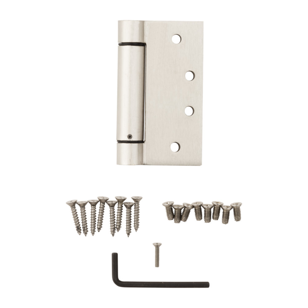 Satin nickel square spring door hinge with adjustable tension, screws, and installation tool for door hardware collections